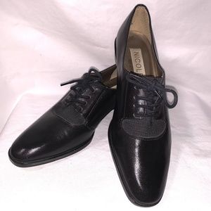 NICOLE DORIAN BRAZIL BLACK LEATHER ELASTIC GORES OXFORD SHOES BROGUES Size 6.5 M